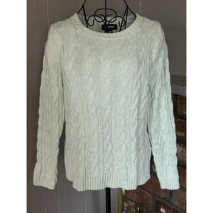 Lands End Sweater Womens Medium 10-12 Green Drifter Cable Knit Fisherman Coastal